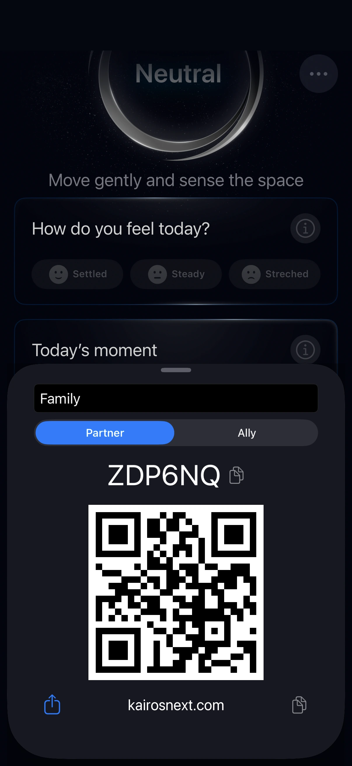 Kairos Next pairing: your invite shown as a QR code